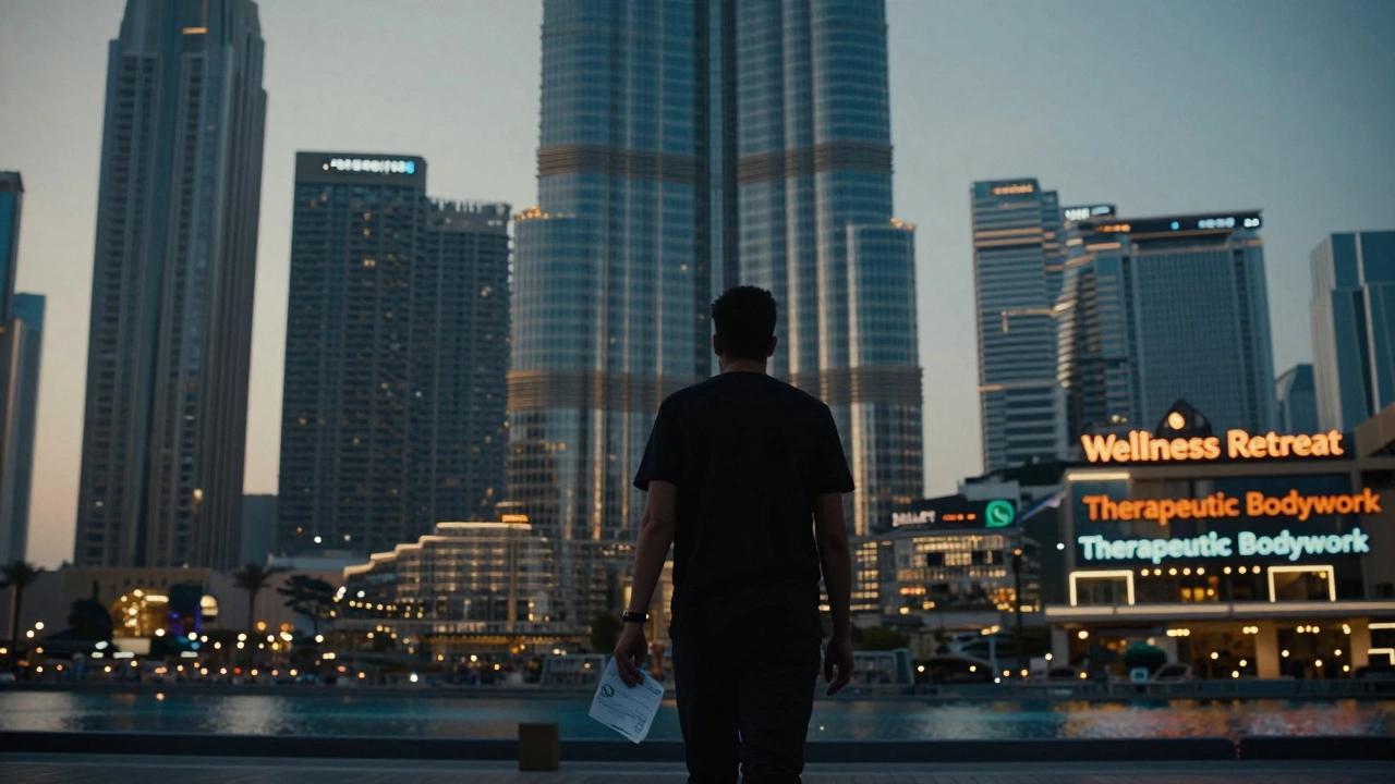 A man walking away from Dubai skyscrapers at dusk, holding a crumpled paper with a contact number, surrounded by signs for legal spas.