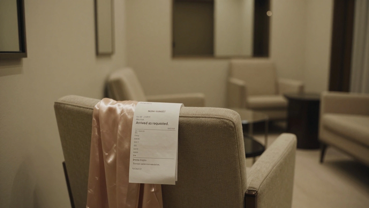 An empty elegant lounge in Dubai with a silk robe and unmarked receipt, conveying absence and quiet anticipation.